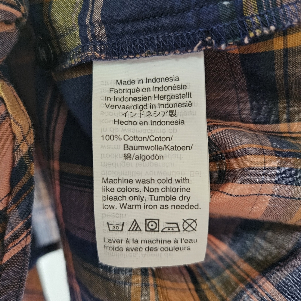 Madewell Plaid Tie Hem Button Front Short Sleeve Shirt Navy Blue Peach Medium - Picture 8 of 12